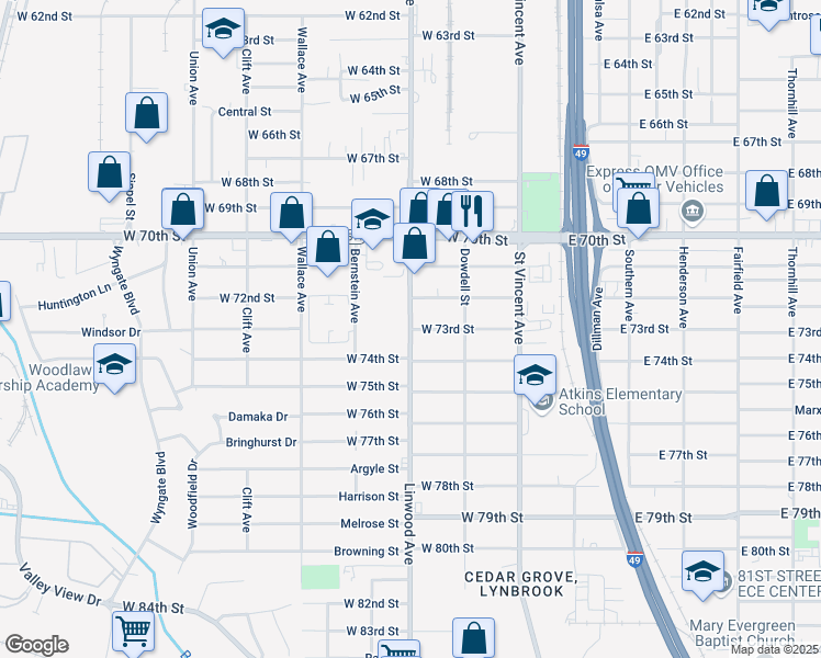 map of restaurants, bars, coffee shops, grocery stores, and more near West 73rd Street in Shreveport