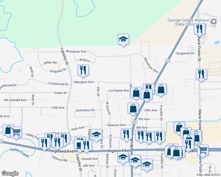 map of restaurants, bars, coffee shops, grocery stores, and more near 909 La Dayne Avenue in Selma