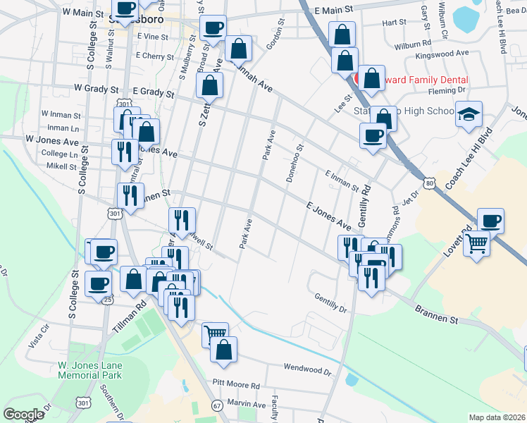 map of restaurants, bars, coffee shops, grocery stores, and more near 615 Brannen Street in Statesboro