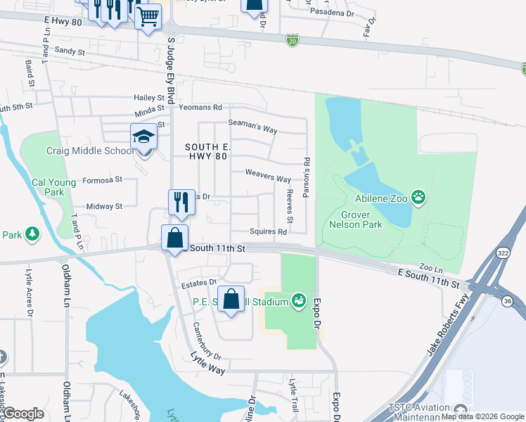 map of restaurants, bars, coffee shops, grocery stores, and more near 925 Manciples Way in Abilene