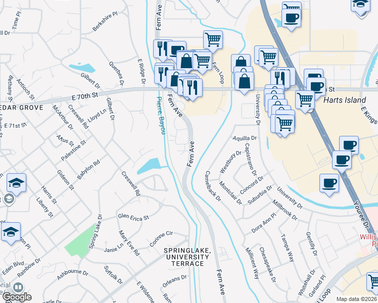 map of restaurants, bars, coffee shops, grocery stores, and more near 7304 Fern Avenue in Shreveport