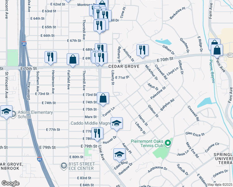 map of restaurants, bars, coffee shops, grocery stores, and more near 722 Pujo Street in Shreveport
