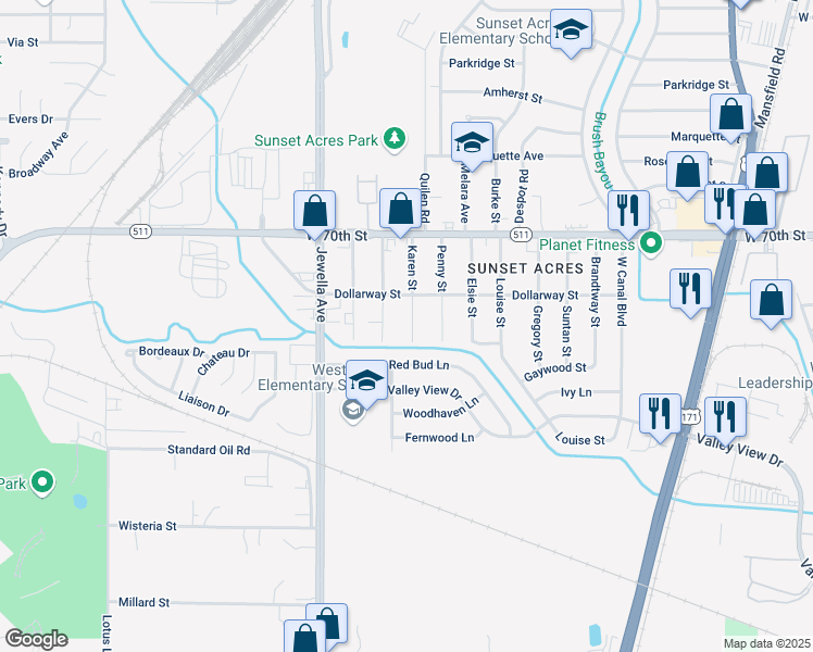 map of restaurants, bars, coffee shops, grocery stores, and more near 7128 Karen Street in Shreveport