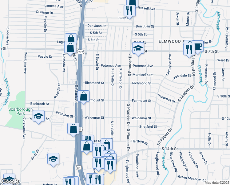 map of restaurants, bars, coffee shops, grocery stores, and more near 1102 South Jefferson Drive in Abilene