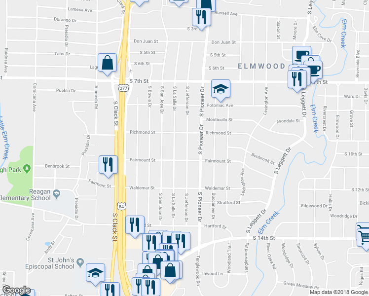 map of restaurants, bars, coffee shops, grocery stores, and more near 1102 South Jefferson Drive in Abilene