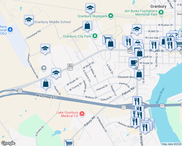 map of restaurants, bars, coffee shops, grocery stores, and more near 304 Ables Street in Granbury