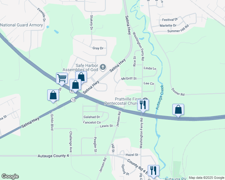 map of restaurants, bars, coffee shops, grocery stores, and more near 520 McGriff Street in Prattville
