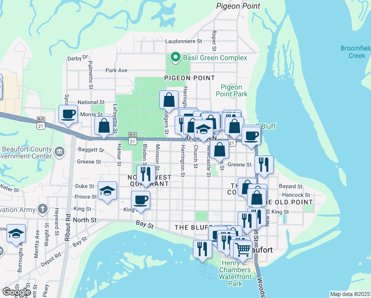 map of restaurants, bars, coffee shops, grocery stores, and more near 1215 Congress Street in Beaufort