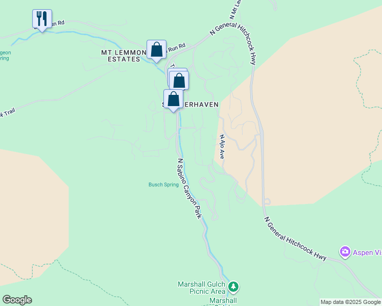 map of restaurants, bars, coffee shops, grocery stores, and more near 12633 North Tucson Avenue in Mount Lemmon