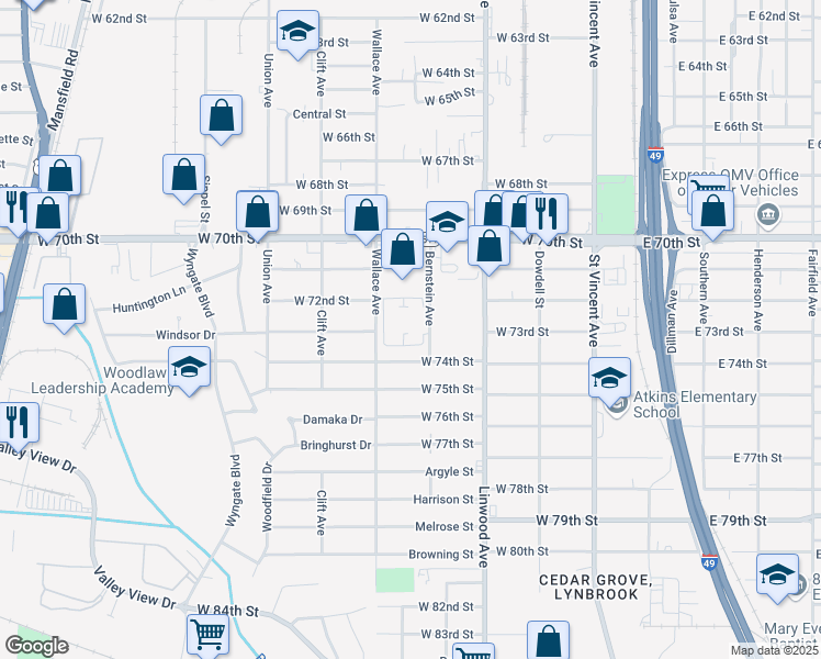 map of restaurants, bars, coffee shops, grocery stores, and more near 7210 Bernstein Avenue in Shreveport