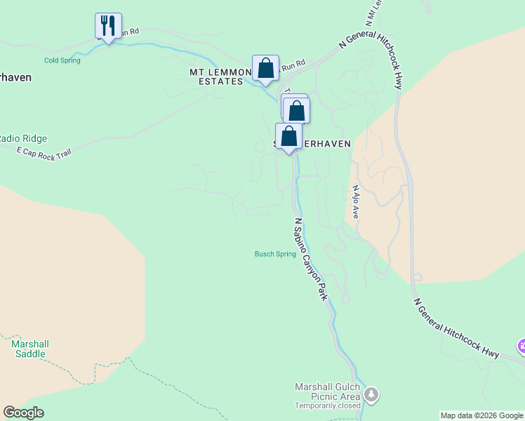 map of restaurants, bars, coffee shops, grocery stores, and more near 11180 East Carter Canyon Road in Mount Lemmon