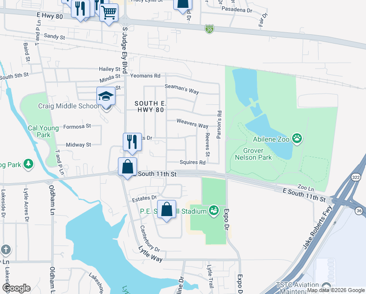map of restaurants, bars, coffee shops, grocery stores, and more near 925 Manciples Way in Abilene