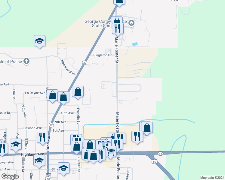 map of restaurants, bars, coffee shops, grocery stores, and more near 2811 Earl Goodwin Parkway in Selma