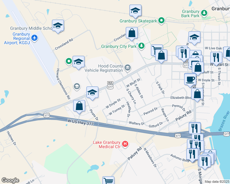 map of restaurants, bars, coffee shops, grocery stores, and more near 1855 West Pearl Street in Granbury