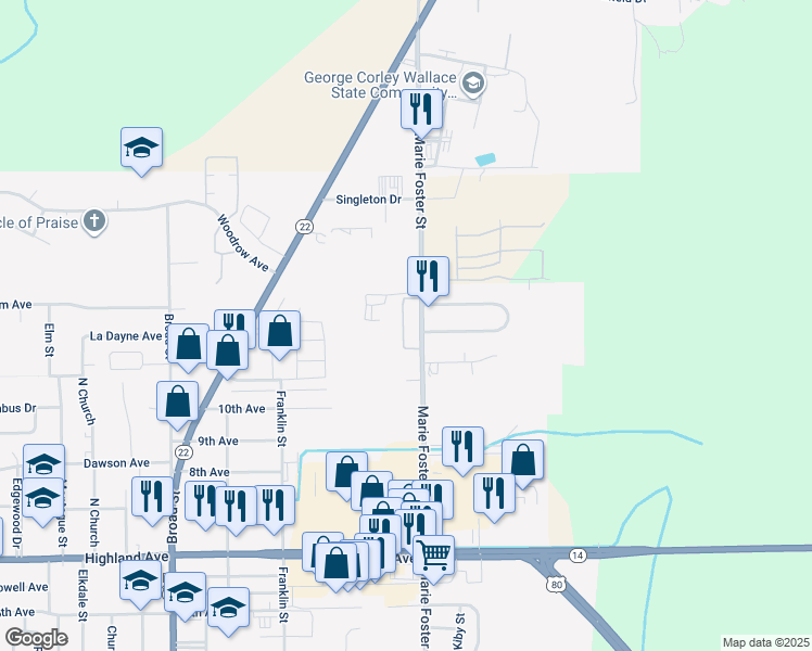 map of restaurants, bars, coffee shops, grocery stores, and more near 2811 Earl Goodwin Parkway in Selma