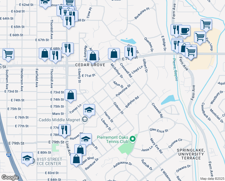 map of restaurants, bars, coffee shops, grocery stores, and more near 7322 Altus Loop in Shreveport