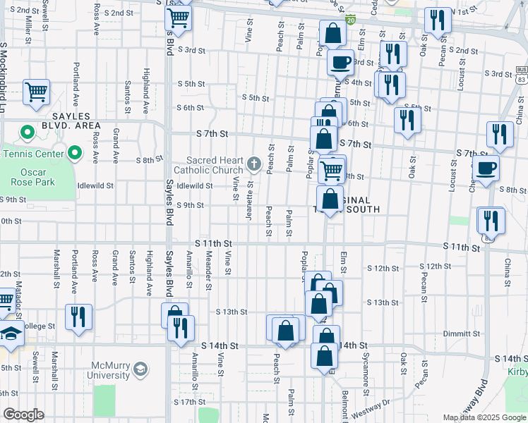 map of restaurants, bars, coffee shops, grocery stores, and more near 910 Peach Street in Abilene