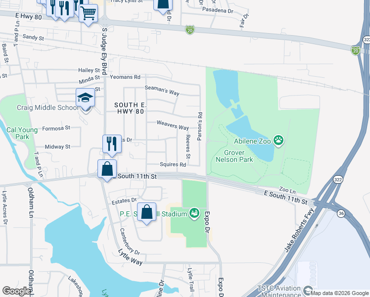 map of restaurants, bars, coffee shops, grocery stores, and more near 1002 Reeves Street in Abilene