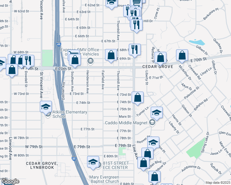 map of restaurants, bars, coffee shops, grocery stores, and more near 488 East 73rd Street in Shreveport