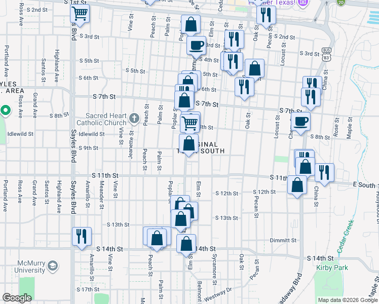 map of restaurants, bars, coffee shops, grocery stores, and more near 909 Butternut Street in Abilene