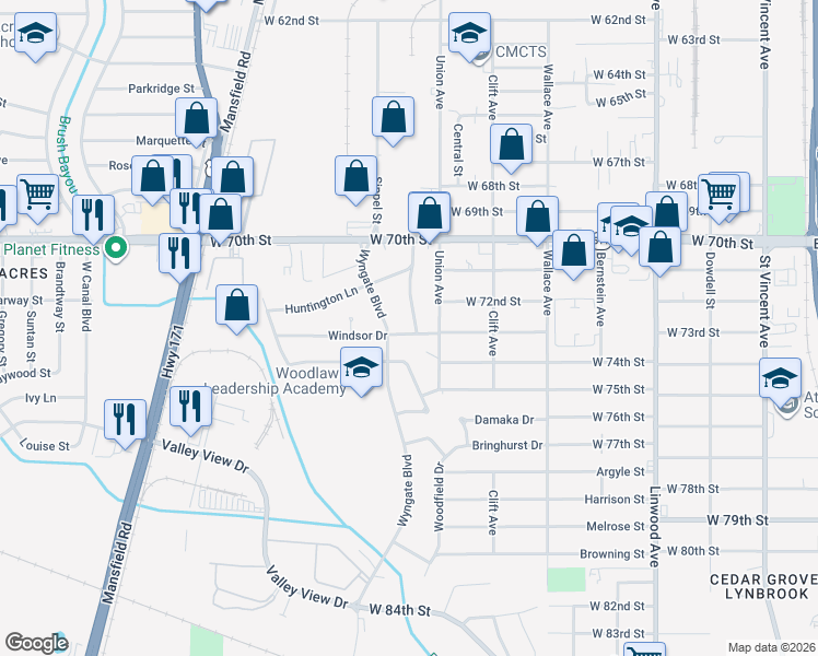 map of restaurants, bars, coffee shops, grocery stores, and more near 7224 Burlingame Boulevard in Shreveport