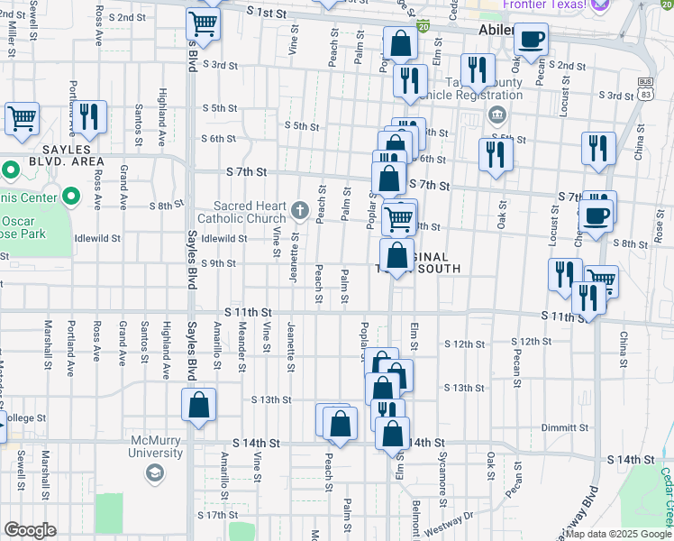 map of restaurants, bars, coffee shops, grocery stores, and more near 910 Palm St in Abilene