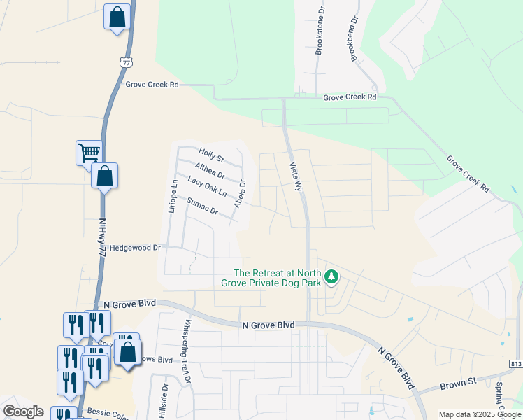 map of restaurants, bars, coffee shops, grocery stores, and more near 296 Lacy Oak Lane in Waxahachie