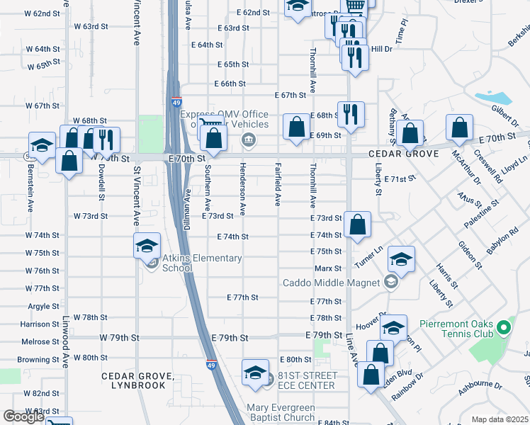 map of restaurants, bars, coffee shops, grocery stores, and more near 354 East 73rd Street in Shreveport