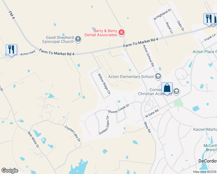 map of restaurants, bars, coffee shops, grocery stores, and more near 2918 Willow Ridge Circle in Granbury