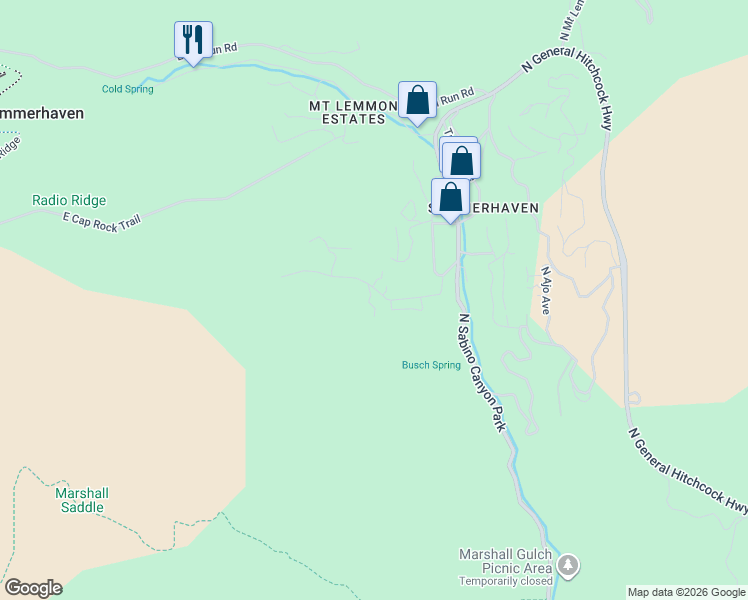 map of restaurants, bars, coffee shops, grocery stores, and more near 11109 Miami Street in Mount Lemmon