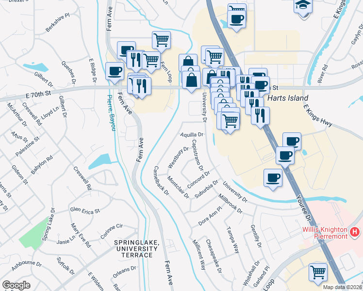 map of restaurants, bars, coffee shops, grocery stores, and more near 1546 Westbury Drive in Shreveport