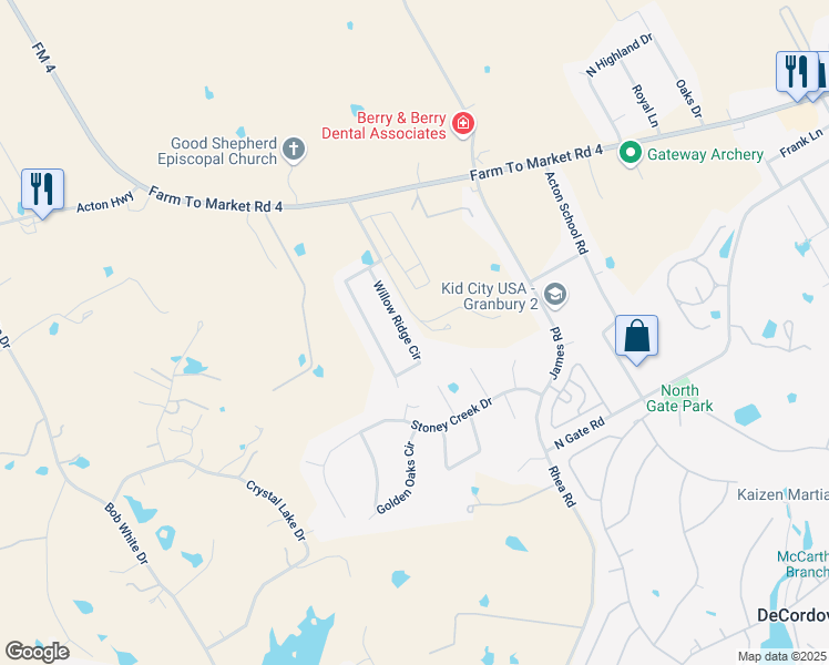 map of restaurants, bars, coffee shops, grocery stores, and more near 2918 Willow Ridge Circle in Granbury