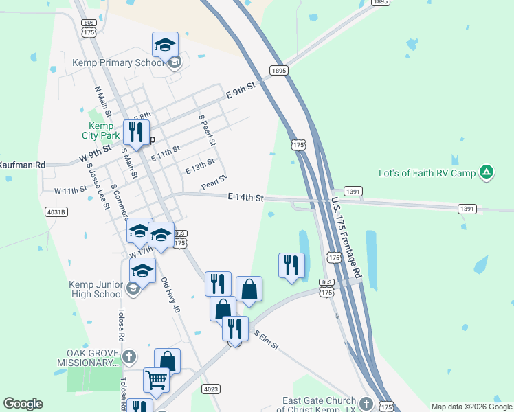 map of restaurants, bars, coffee shops, grocery stores, and more near 426 East 14th Street in Kemp