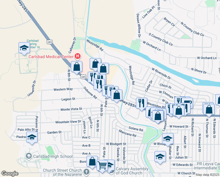 map of restaurants, bars, coffee shops, grocery stores, and more near 1250 N Pate St in Carlsbad