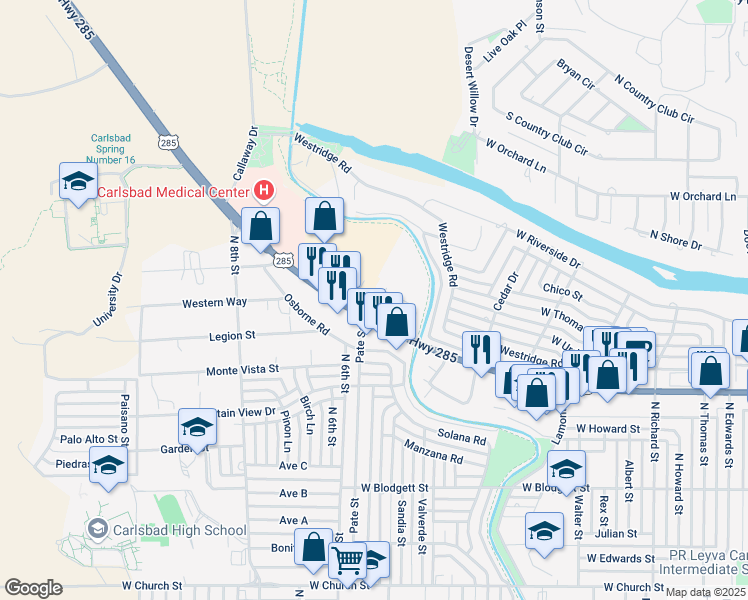 map of restaurants, bars, coffee shops, grocery stores, and more near 1250 N Pate St in Carlsbad
