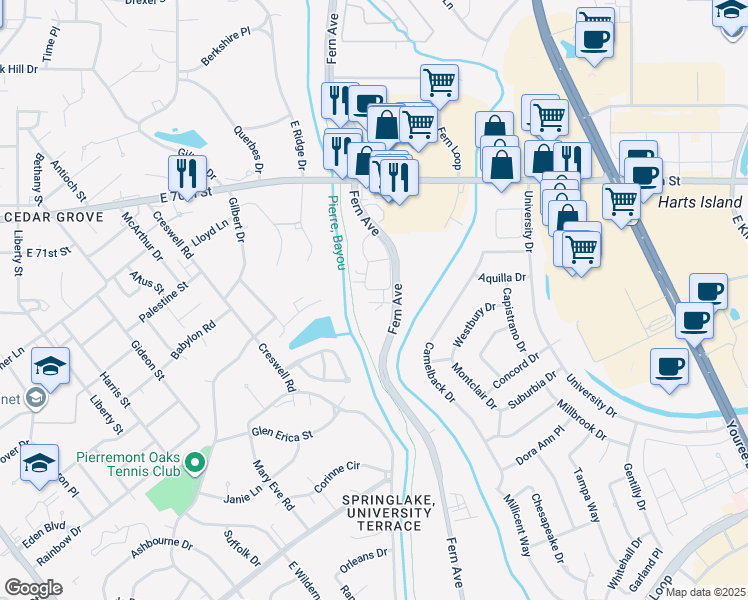 map of restaurants, bars, coffee shops, grocery stores, and more near 7330 Fern Avenue in Shreveport
