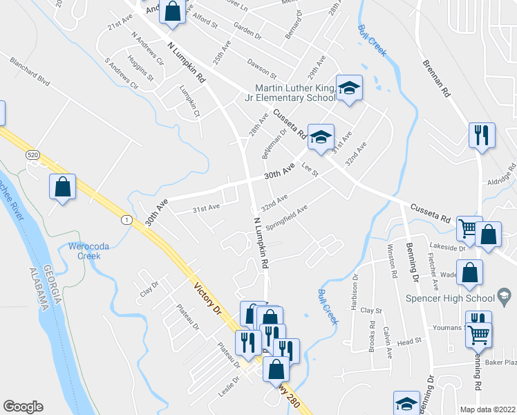 map of restaurants, bars, coffee shops, grocery stores, and more near 181 32nd Ave in Columbus