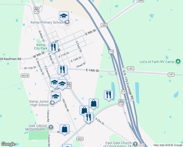 map of restaurants, bars, coffee shops, grocery stores, and more near 426 East 14th Street in Kemp