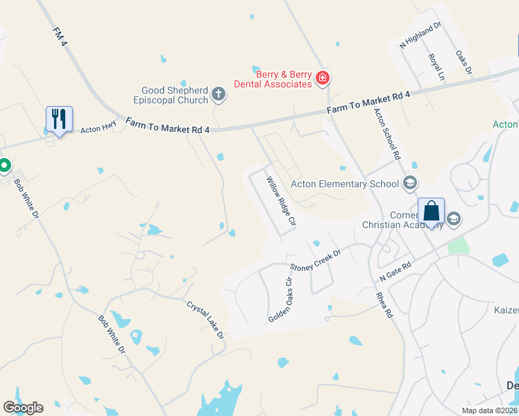 map of restaurants, bars, coffee shops, grocery stores, and more near 2825 Willow Ridge Circle in Granbury