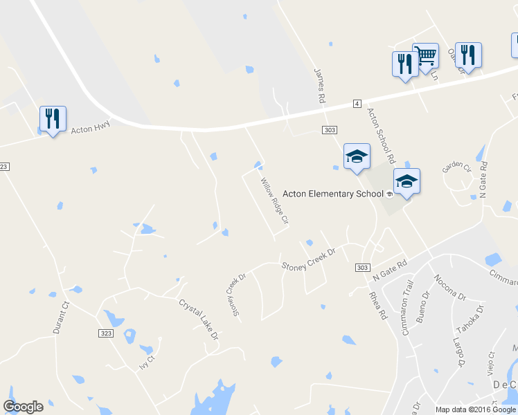 map of restaurants, bars, coffee shops, grocery stores, and more near 2825 Willow Ridge Circle in Granbury