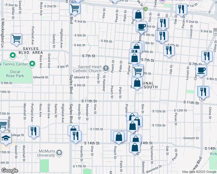 map of restaurants, bars, coffee shops, grocery stores, and more near 1617 South 9th Street in Abilene