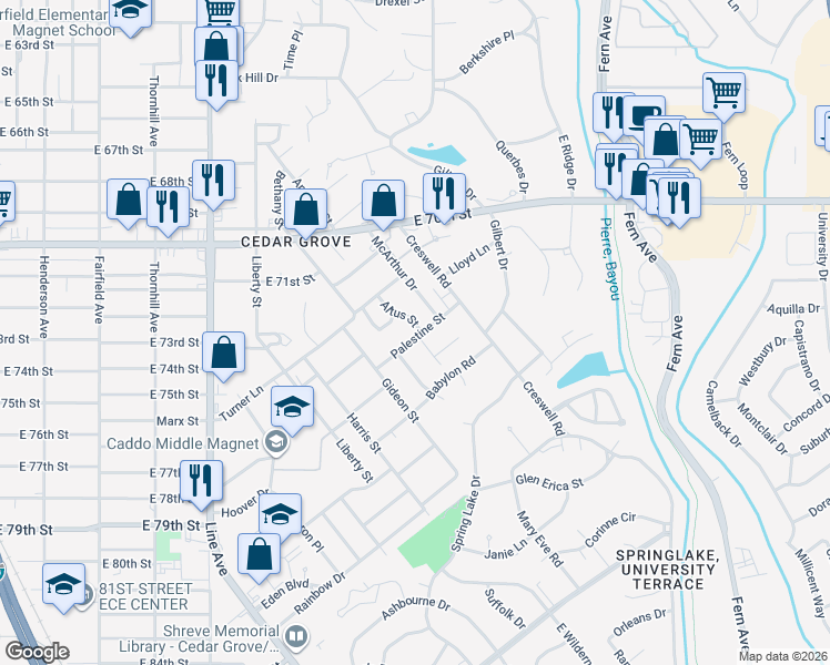 map of restaurants, bars, coffee shops, grocery stores, and more near 7510 Altus Street in Shreveport