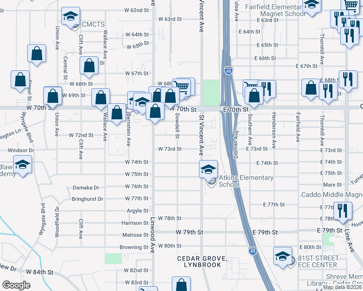 map of restaurants, bars, coffee shops, grocery stores, and more near 264 West 73rd Street in Shreveport