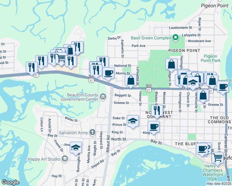 map of restaurants, bars, coffee shops, grocery stores, and more near 1900 Boundary Street in Beaufort