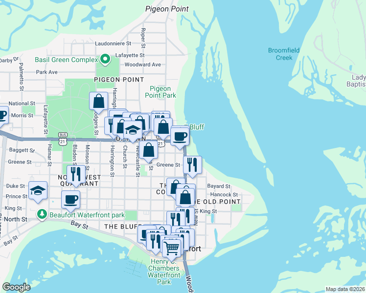 map of restaurants, bars, coffee shops, grocery stores, and more near 1106 Carteret Street in Beaufort