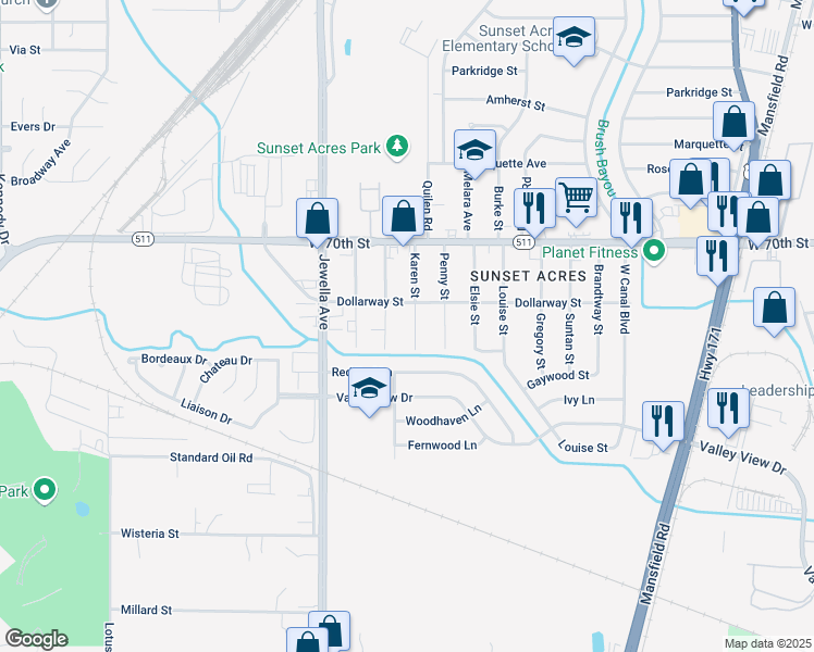map of restaurants, bars, coffee shops, grocery stores, and more near 7120 Karen Street in Shreveport