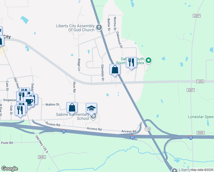 map of restaurants, bars, coffee shops, grocery stores, and more near 4195 Farm-to-Market 1252 West in Kilgore