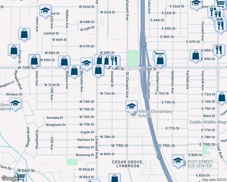 map of restaurants, bars, coffee shops, grocery stores, and more near 268 West 73rd Street in Shreveport