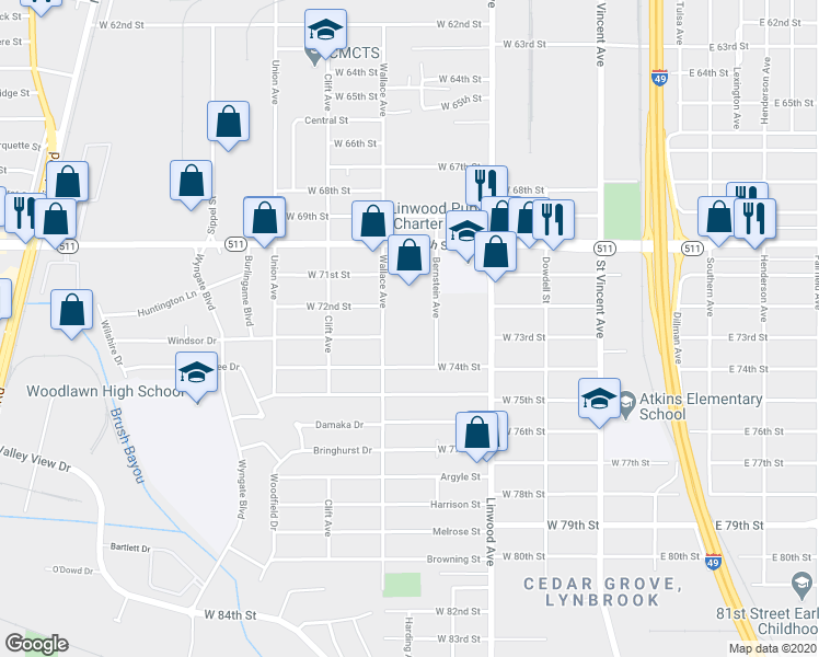 map of restaurants, bars, coffee shops, grocery stores, and more near 7210 Bernstein Avenue in Shreveport