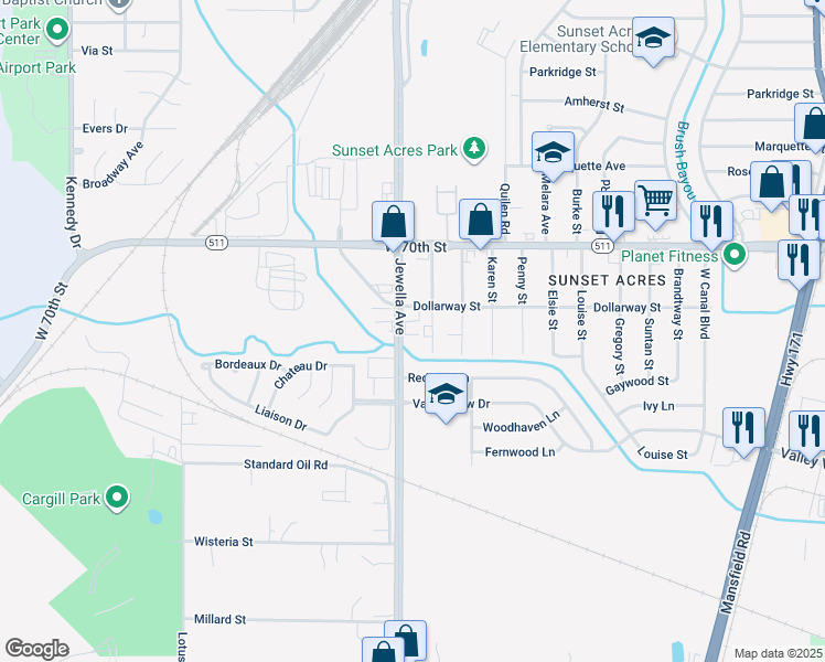 map of restaurants, bars, coffee shops, grocery stores, and more near 7129 Janey Street in Shreveport